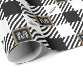 Papier Cadeau Nom noir et blanc + Monogramme de chèque de bison (Coin rond)
