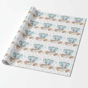 Papier Cadeau Nom personnalisé Blue Elephant Baby Boy Motif