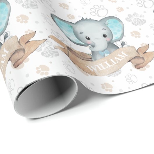 Papier Cadeau Nom personnalisé Blue Elephant Baby Boy Motif (Coin rond)