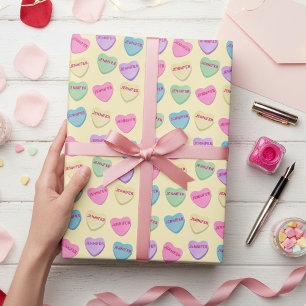 Papier Cadeau Nom personnalisé Coeurs bonbons - Jaune