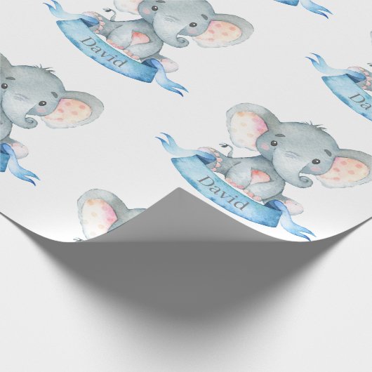 Papier Cadeau Nom personnalisé Elephant Baby Boy Bleu et gris (Coin)