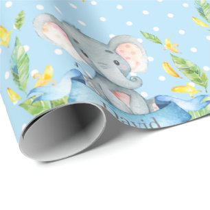 Papier Cadeau Nom personnalisé Elephant Baby Boy Bleu et gris