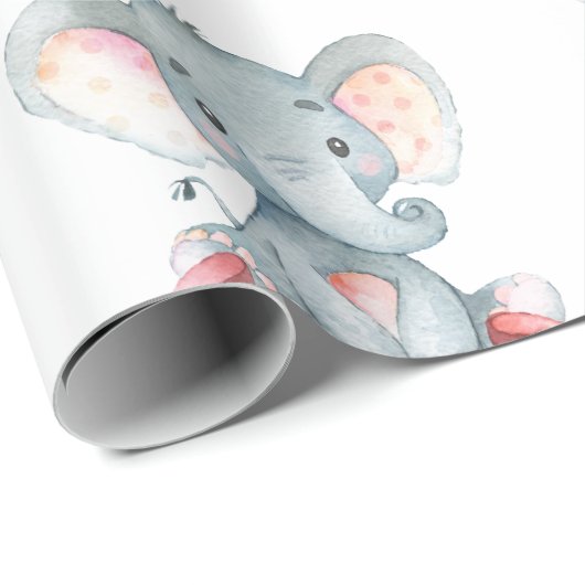 Papier Cadeau Nom personnalisé Eléphant Baby Girl rose et gris (Coin rond)