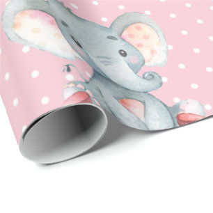 Papier Cadeau Nom personnalisé Eléphant Baby Girl rose et gris