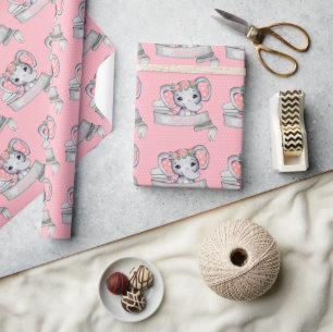 Papier Cadeau Nom personnalisé Elephant Baby Girl Rose & Grey