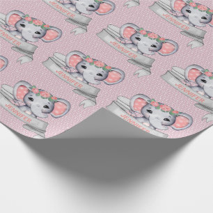 Papier Cadeau Nom personnalisé Elephant Baby Girl Rose & Grey W