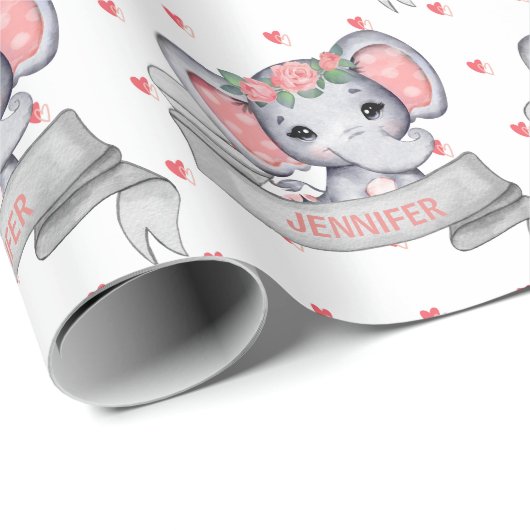 Papier Cadeau Nom personnalisé Elephant Bébé rose Coeurs de fill (Coin rond)