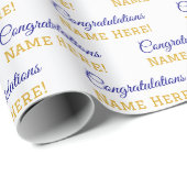 Papier Cadeau Nom personnalisé Félicitations Bleu Or, Blanc (Coin rond)