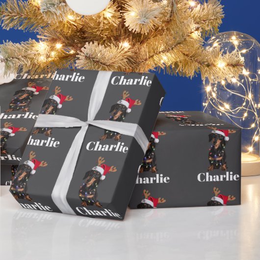 Papier Cadeau Nom personnalisé Feux de Chien de Noël Dachshund (Vacances)