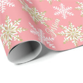 Papier Cadeau Nom personnalisé Gold Snowflake cadeau rose (Coin rond)