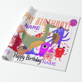 PAPIER CADEAU NOM PERSONNALISÉ HAPPY MONSTER BIRTHDAY WRAPPER PA