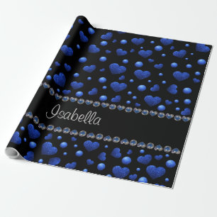 Papier Cadeau Nom personnalisé, motif de paillettes de cœur bleu