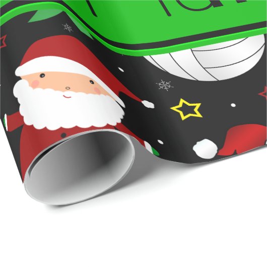 Papier Cadeau Nom personnalisé noir volleyball motif de noël (Coin rond)