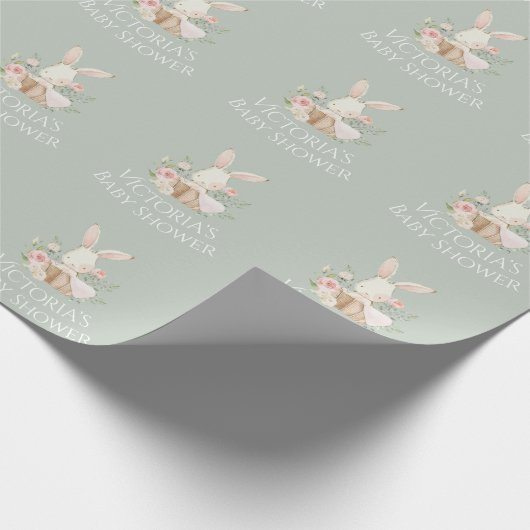 Papier Cadeau Nom personnalisé Sage Green Bunny Baby shower (Coin)