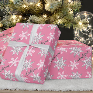 Papier Cadeau Nom personnalisé Silver Snowflake cadeau rose