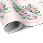 Papier Cadeau Nom personnalisé Vert Éléphant Bébé Fille Rose (Coin rond)