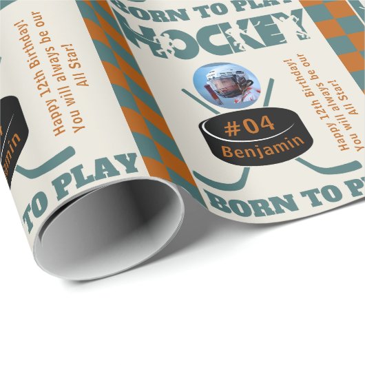 Papier Cadeau Nom Photo Age Jersey Numéro Sentiment Hockey (Coin rond)