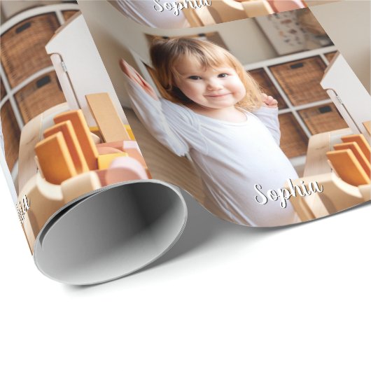 Papier Cadeau Nom photo et script de votre enfant (Coin rond)