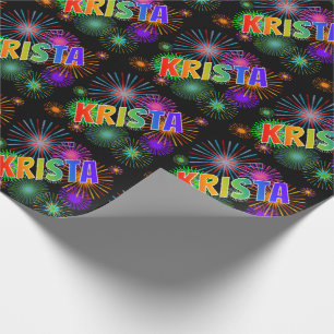 Papier Cadeau Nom prénom Arc-en-ciel "KRISTA" + Feux d'artifice