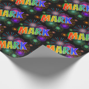Papier Cadeau Nom prénom "MARK" + Feux d'artifice arc-en-ciel