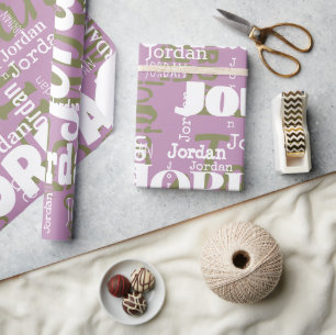 Papier Cadeau Nom répété Lilac Vert Blanc Blanc Moderne Neutres