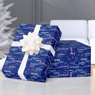 Papier Cadeau Nom répété Personnalisé Bleu & Argent