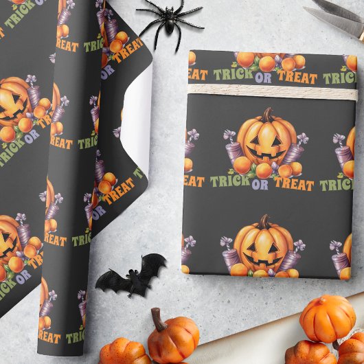 Papier Cadeau Nom Trick ou traiter Citrouille Éffrayant Hallowee