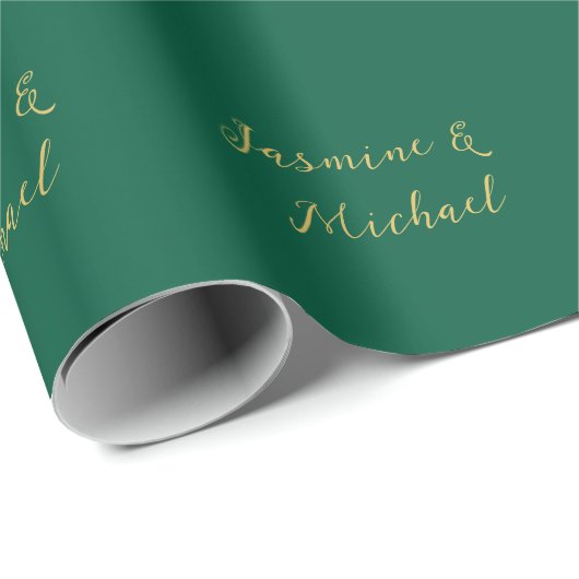 Papier Cadeau Noms de couple de calligraphie classique vert et o (Coin rond)