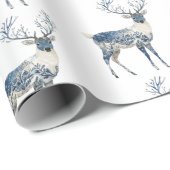 Papier Cadeau Nordic Blue White Deer Birthday (Coin rond)