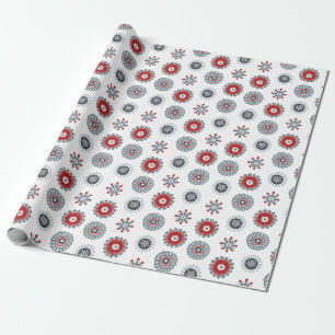Papier Cadeau Nordic Folk Art Rouge Bleu Cercles et fleurs