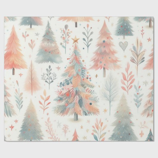 Papier Cadeau Nordic Pastel Pink and Green Christmas Tree  (Plat)