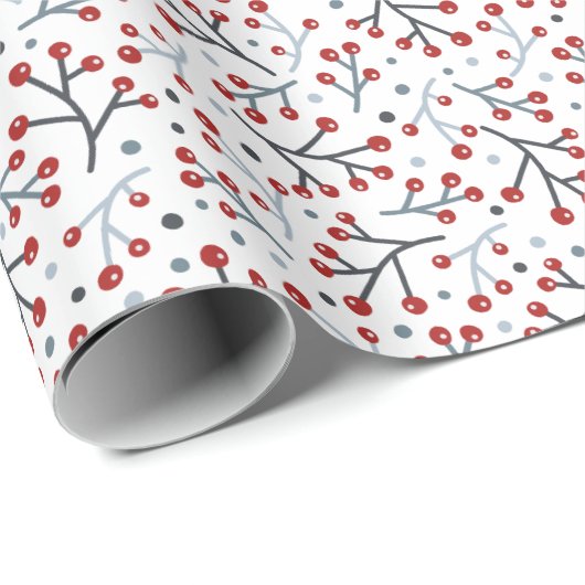Papier Cadeau Nordique Art Berry Branches Rouge Bleu Noël (Coin rond)