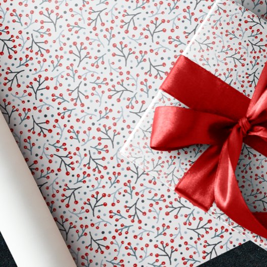 Papier Cadeau Nordique Art Berry Branches Rouge Bleu Noël
