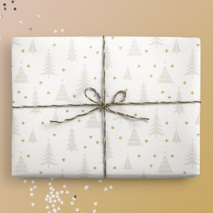 Papier Cadeau Nordique Lumière Tan Arbres de Noël Blanc