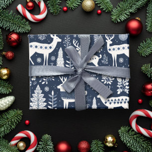 Papier Cadeau Nordique Style Cerf Bleu Noël