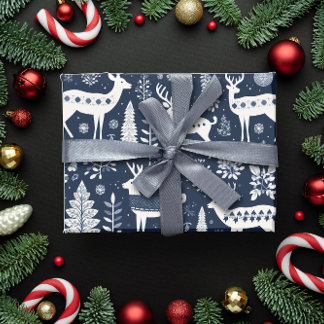 Papier Cadeau Nordique Style Cerf Bleu Noël
