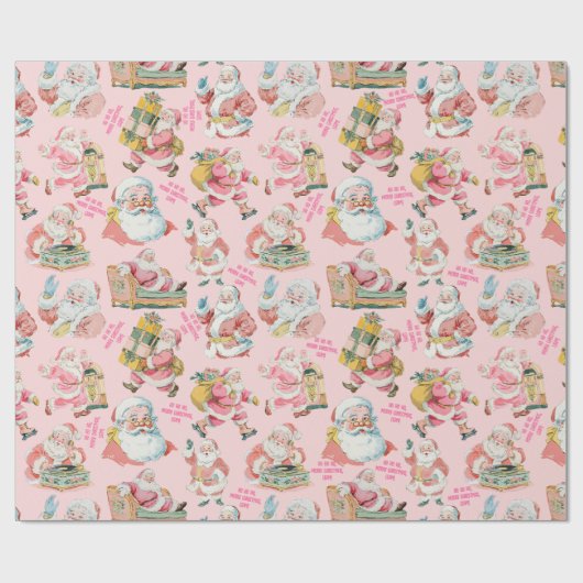 Papier Cadeau Nostalgale rétro Santa Claus-Noël en rose (Plat)