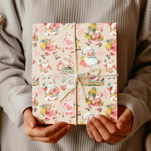 Papier Cadeau Nostalgale rétro Santa Claus-Noël en rose