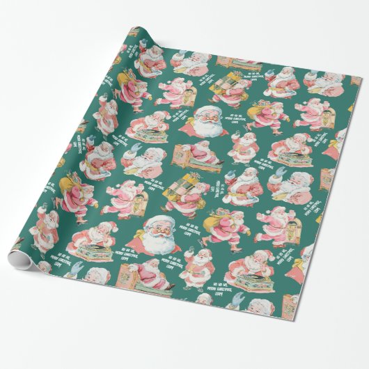 Papier Cadeau Nostalgale rétro Santa Claus-Noël en vert (Déroulé)