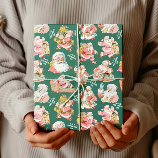 Papier Cadeau Nostalgale rétro Santa Claus-Noël en vert