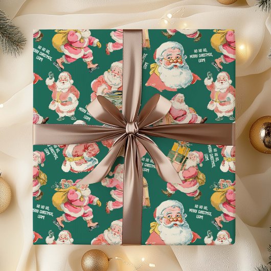 Papier Cadeau Nostalgale rétro Santa Claus-Noël en vert