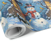Papier Cadeau Nostalgic Happy Snowman with Bluebird Winter Scene (Coin rond)