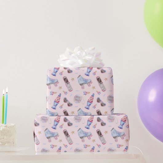 Papier Cadeau Nostalgie Y2K Rolleskates rose rétro (Cadeaux de fête)