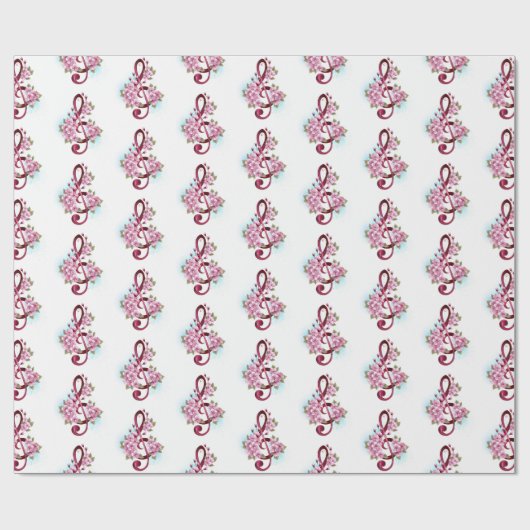 Papier Cadeau Notes de clef musicale en treble avec des fleurs S (Plat)