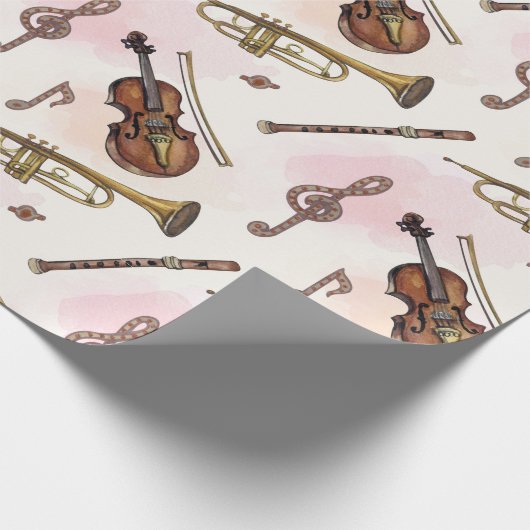 Papier Cadeau Notes de musique, Instruments sur fond beige (Coin)