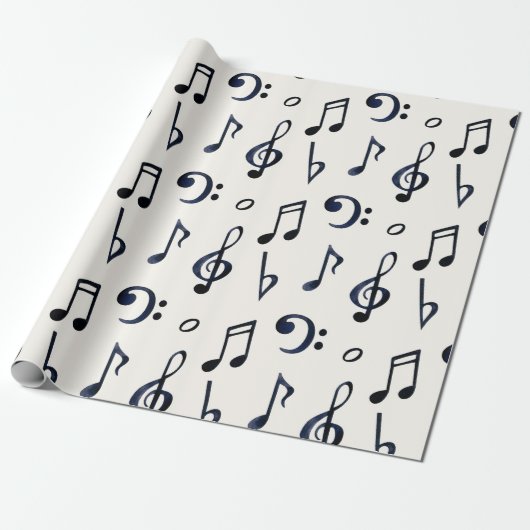 Papier Cadeau Notes de musique noires, clés de sol et de fa sur  (Déroulé)