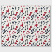 Papier Cadeau Notes de musique noires et rouges sur fond blanc (Plat)