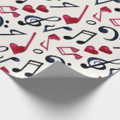 Papier Cadeau Notes de musique noires et rouges sur fond blanc (Coin)