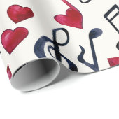 Papier Cadeau Notes de musique noires et rouges sur fond blanc (Coin rond)