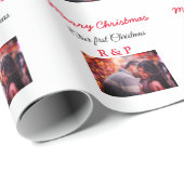 Papier Cadeau Notre premier Noël ajouter nom photo mariage engag (Coin rond)
